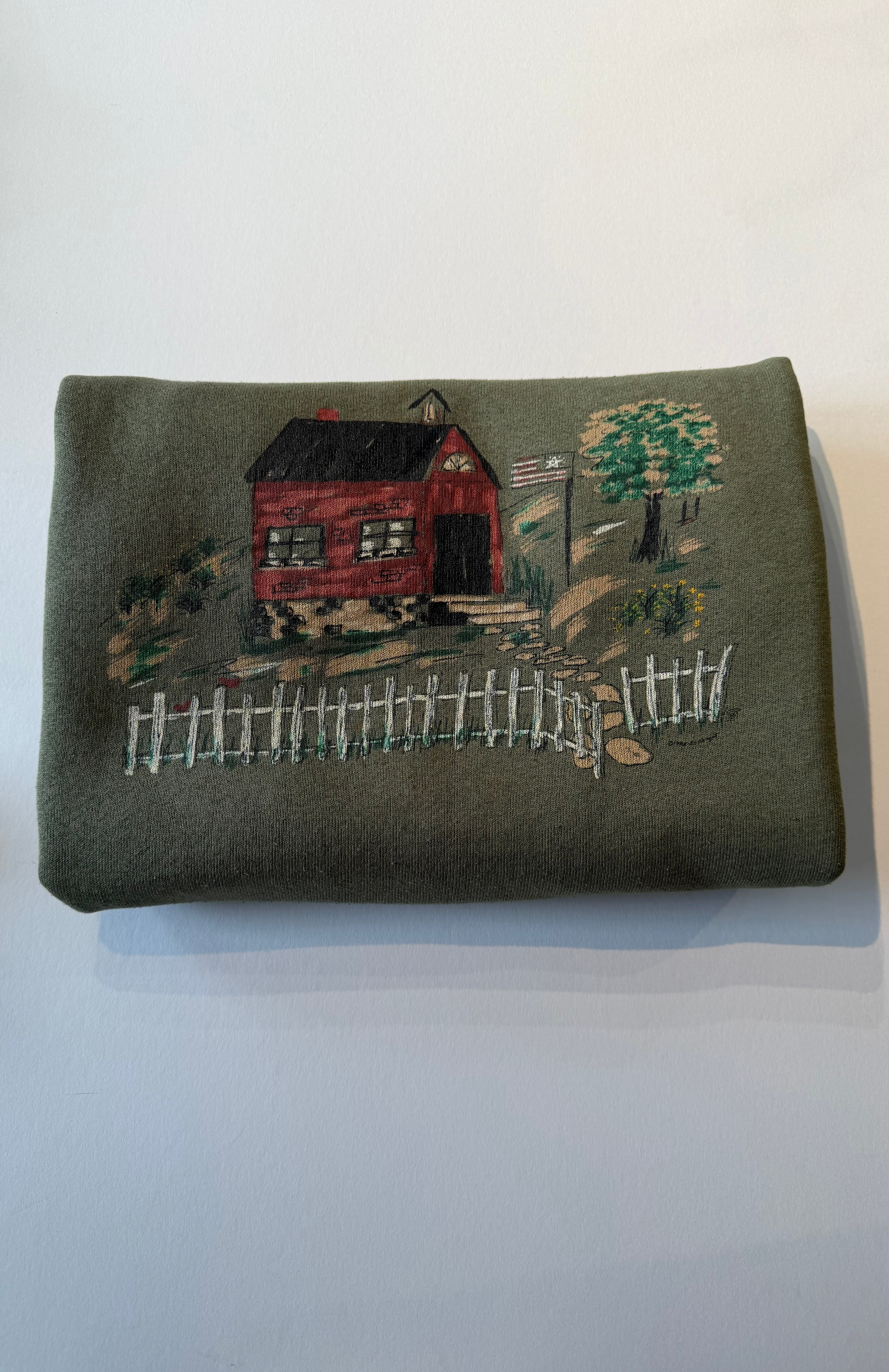 fruit of the loom vintage countryside with a white picket fence sweatshirt. olive green