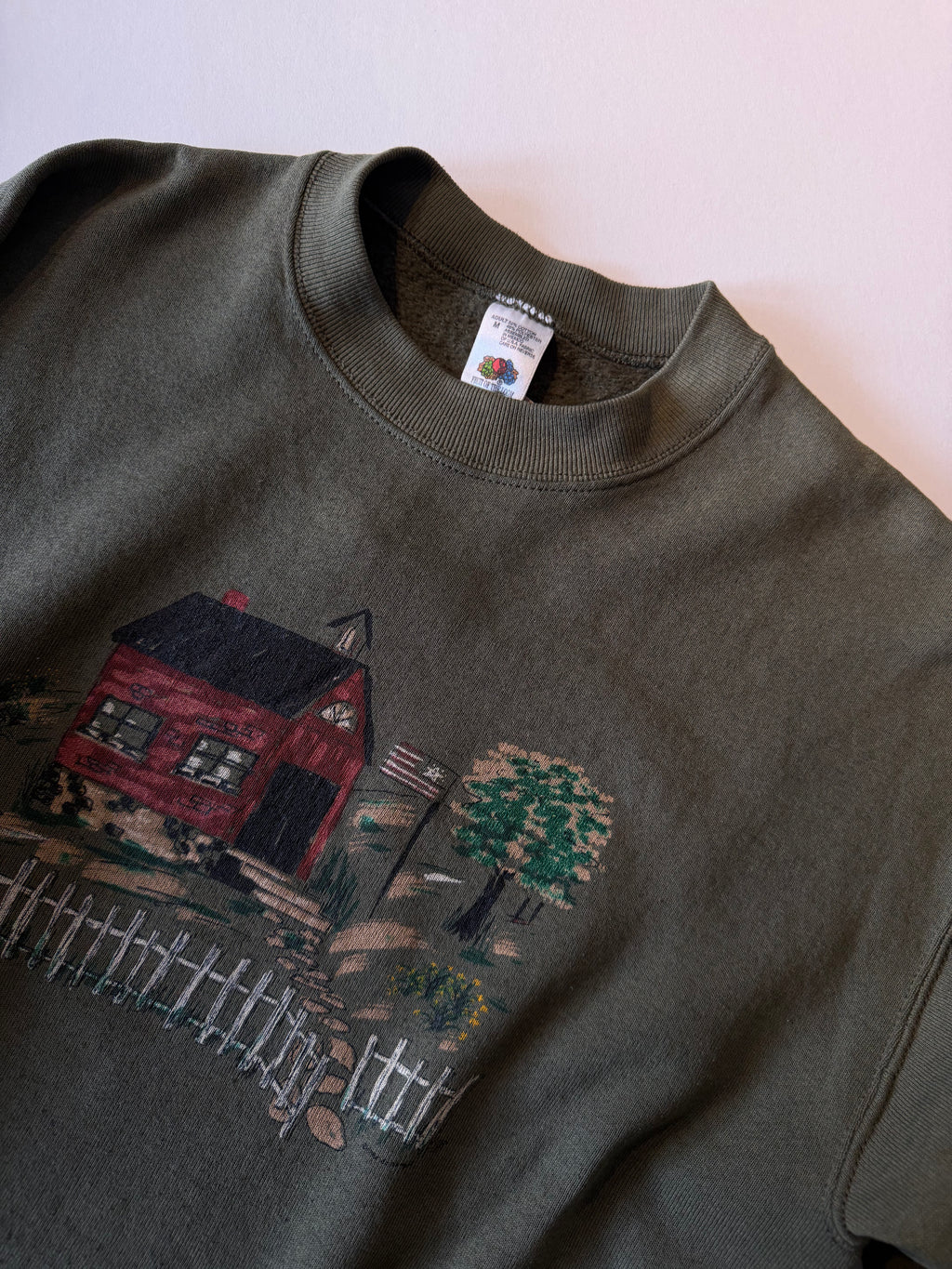 fruit of the loom vintage countryside with a white picket fence sweatshirt. olive green