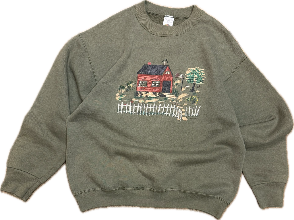 fruit of the loom vintage countryside with a white picket fence sweatshirt. olive green