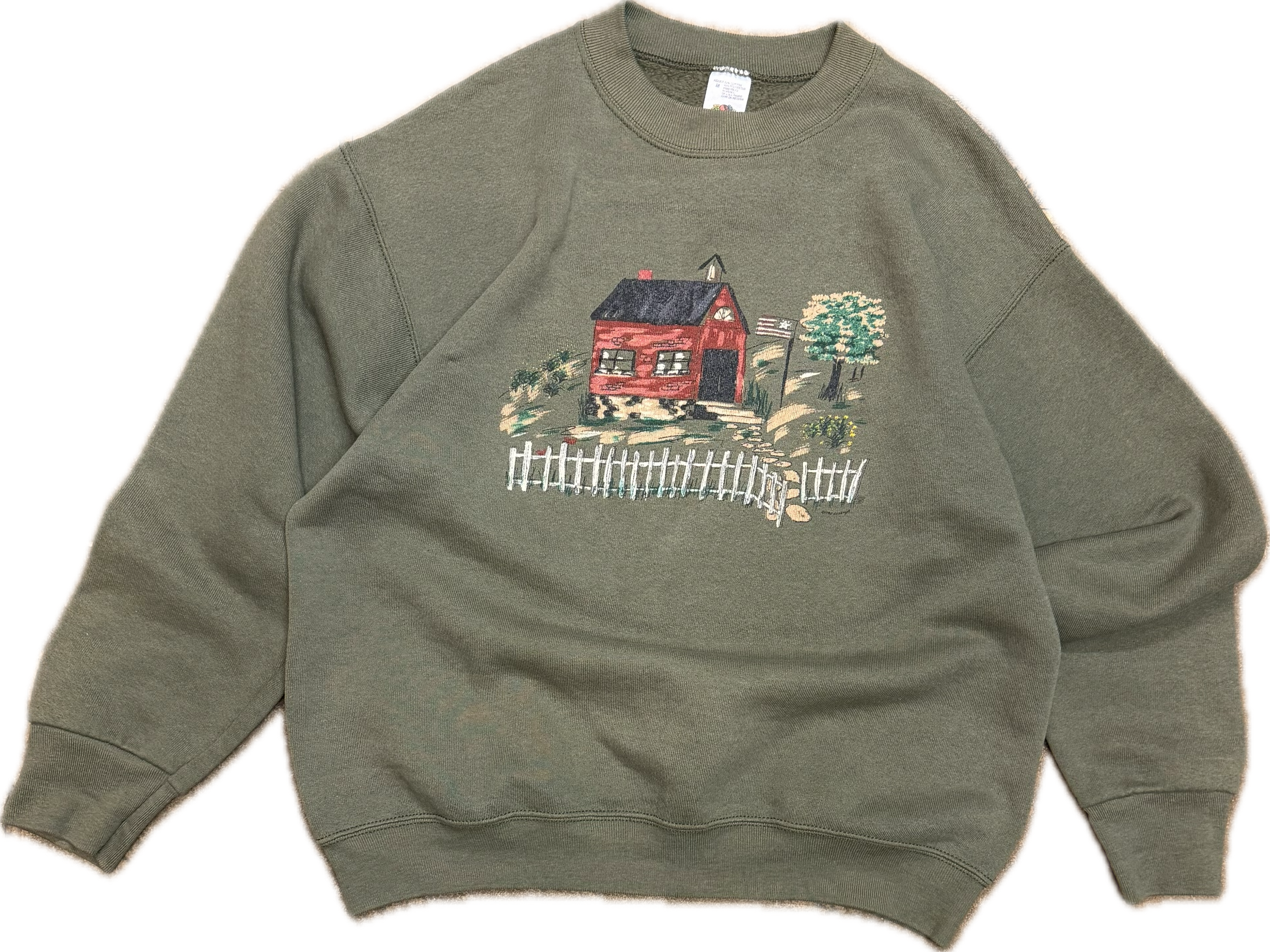 fruit of the loom vintage countryside with a white picket fence sweatshirt. olive green