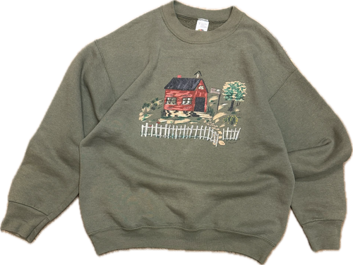 fruit of the loom vintage countryside with a white picket fence sweatshirt. olive green