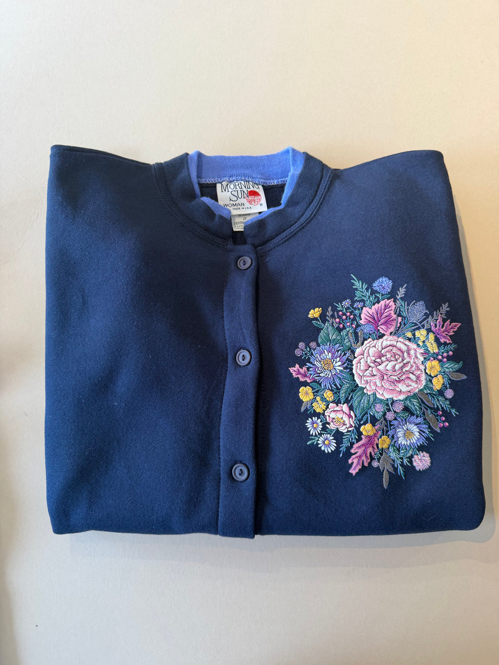 womens navy vintage 1980s- 1990s floral snap button cardigan - Morning sun- XL