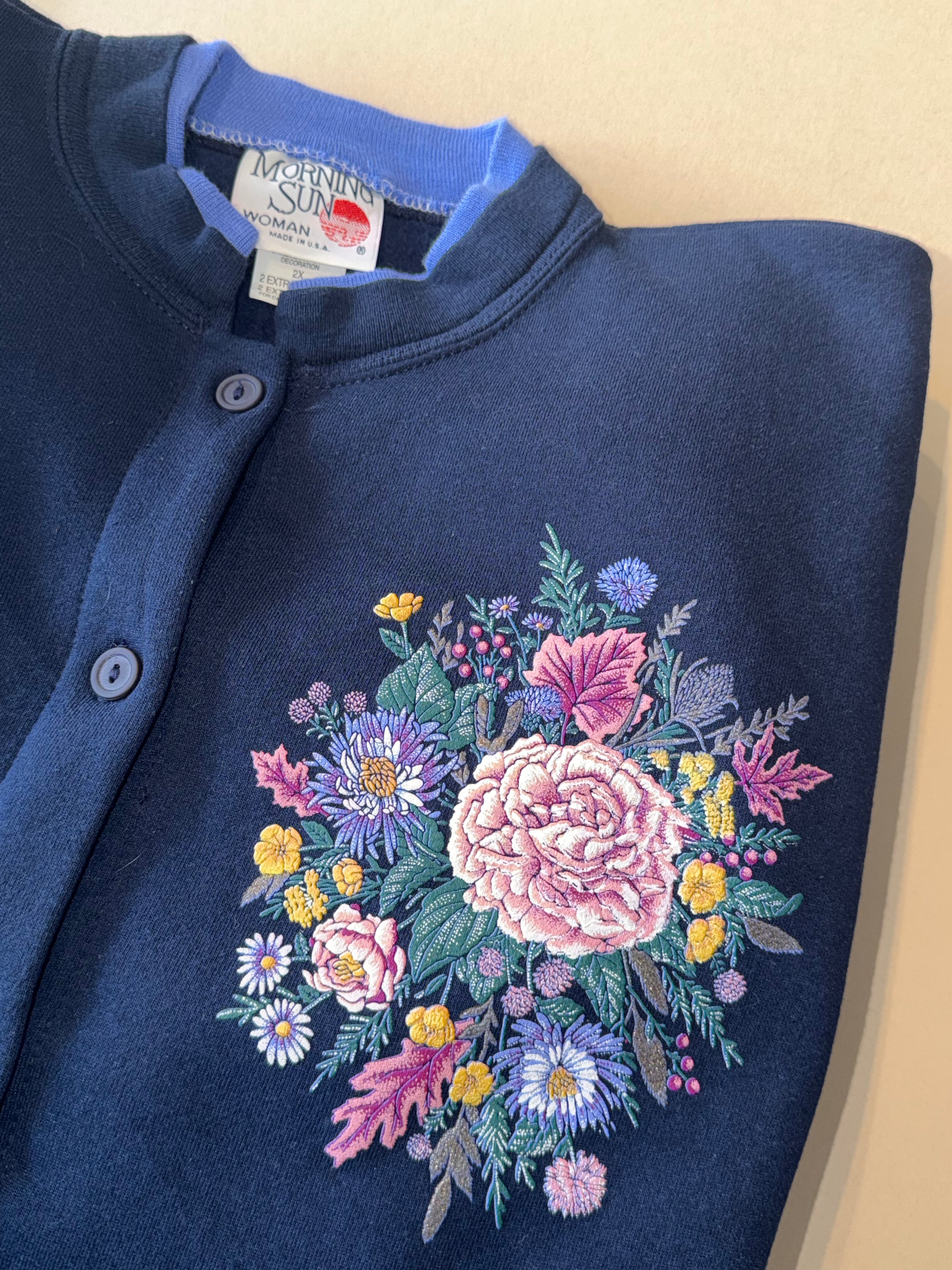 womens navy vintage 1980s- 1990s floral snap button cardigan - Morning sun- XL