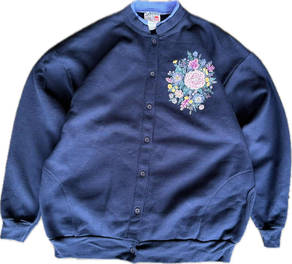 womens navy vintage 1980s- 1990s floral snap button cardigan - Morning sun- XL